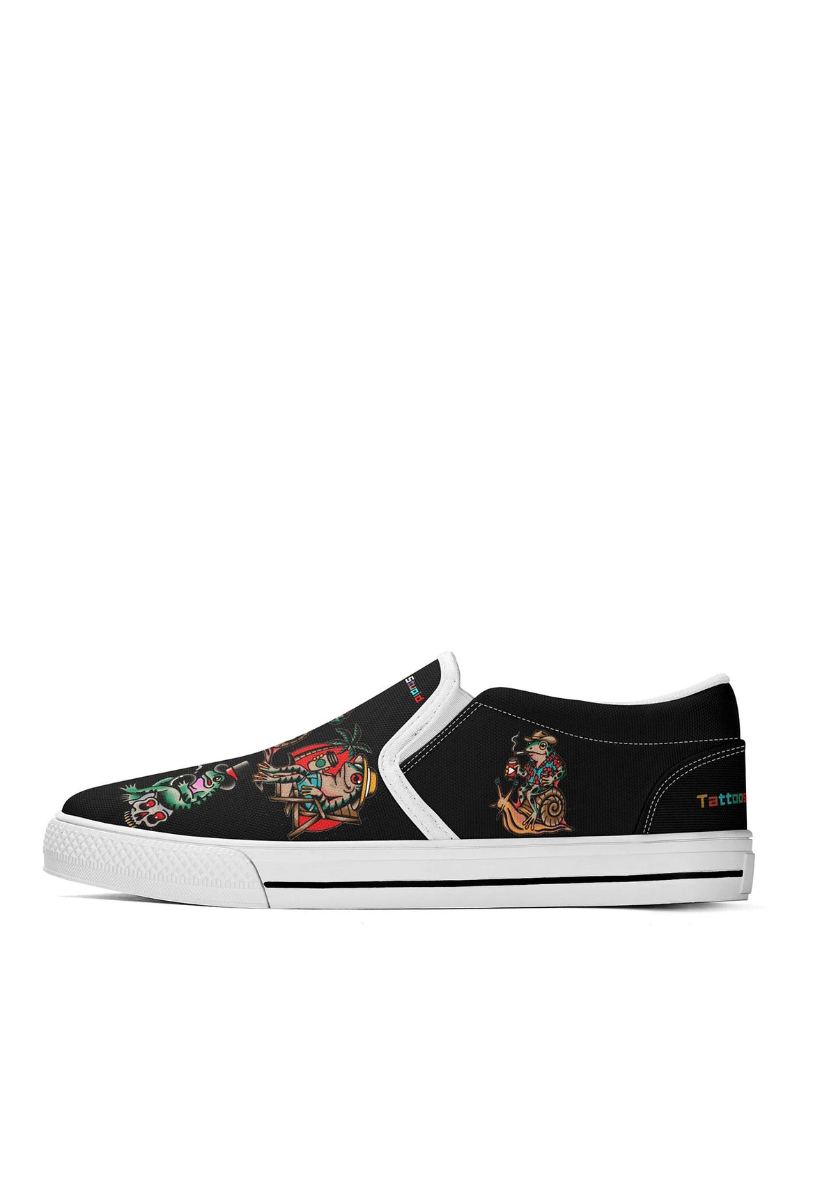 Profile view of frog tattoo canvas sneakers with white outsole and humorous surreal designs