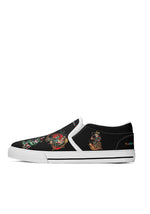 Profile view of frog tattoo canvas sneakers with white outsole and humorous surreal designs