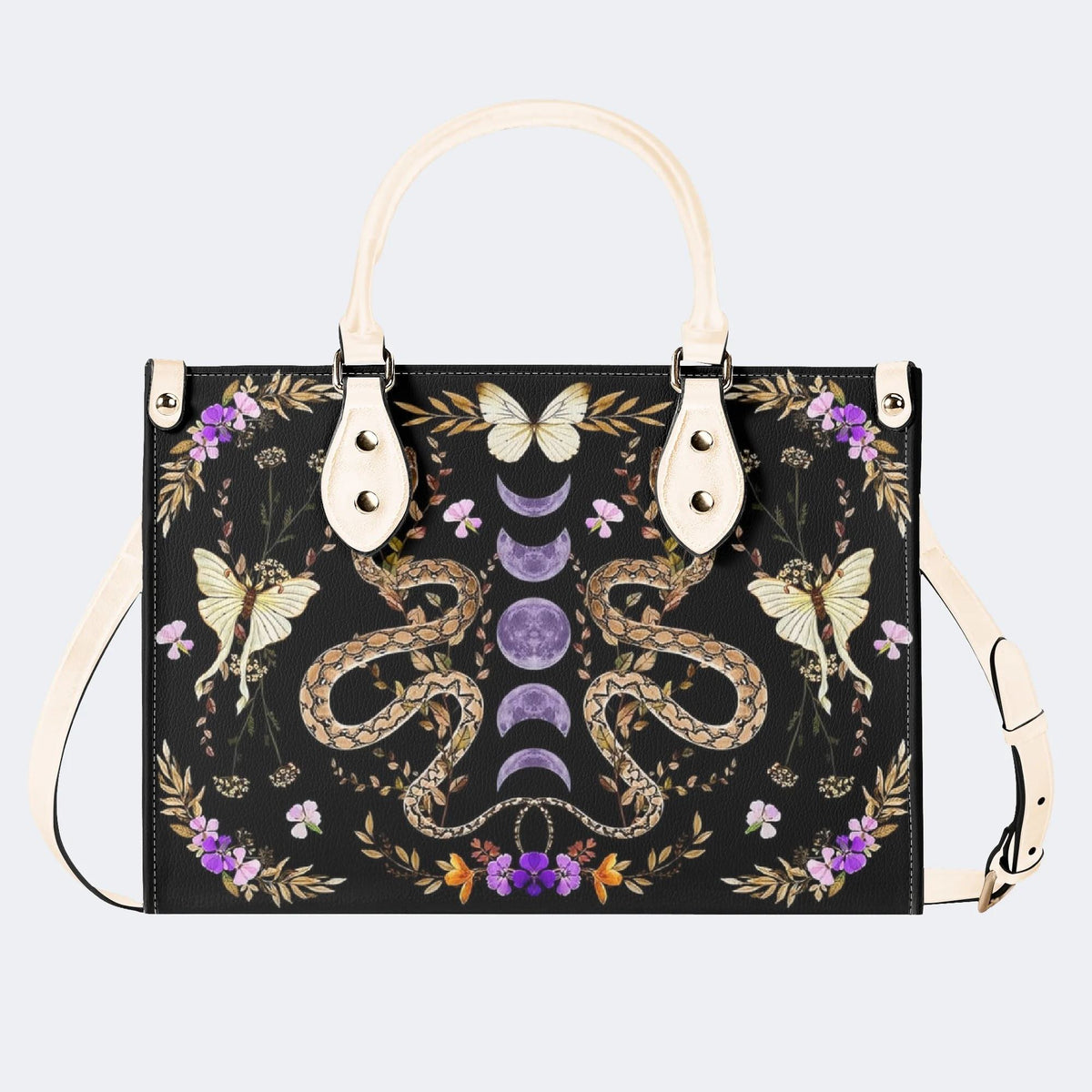 Vintage Moth And Snake Print - Leather Handbag
