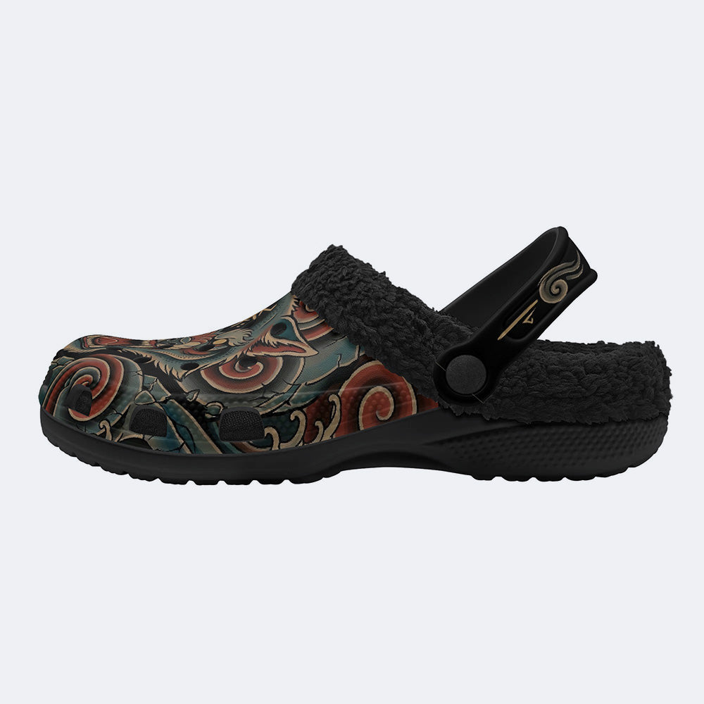 Irezumi Ôkami" (Demon Wolf) & Blood Mist Cyclones & Black Raging Wind Print Fleece-Lined Clogs