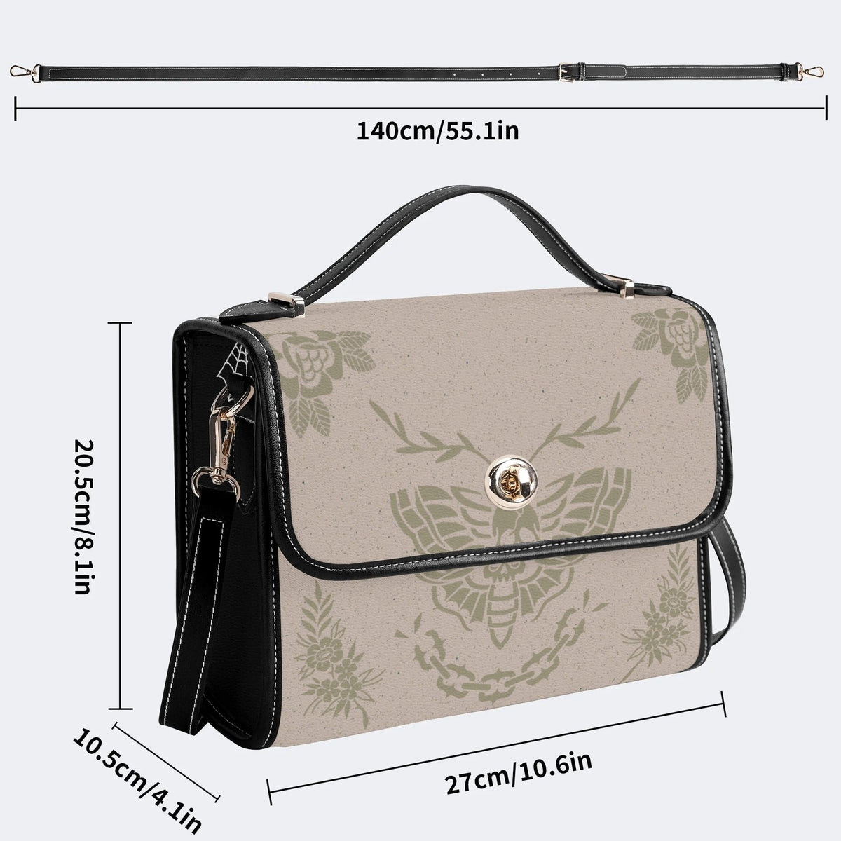 Classic Beige Death Moth Vintage Print - Leather Satchel Bag