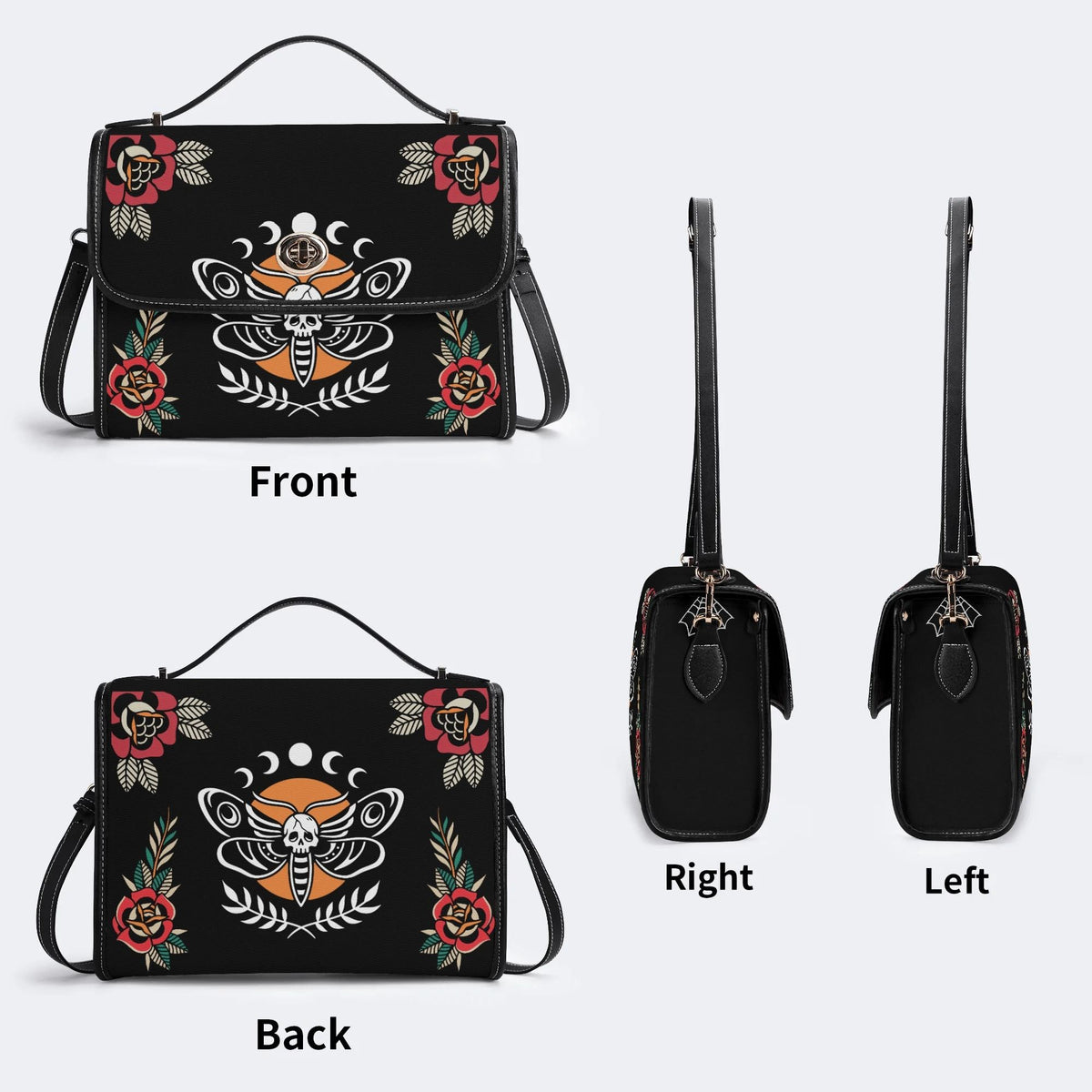 Skull And Moth Print - Leather Satchel Bag