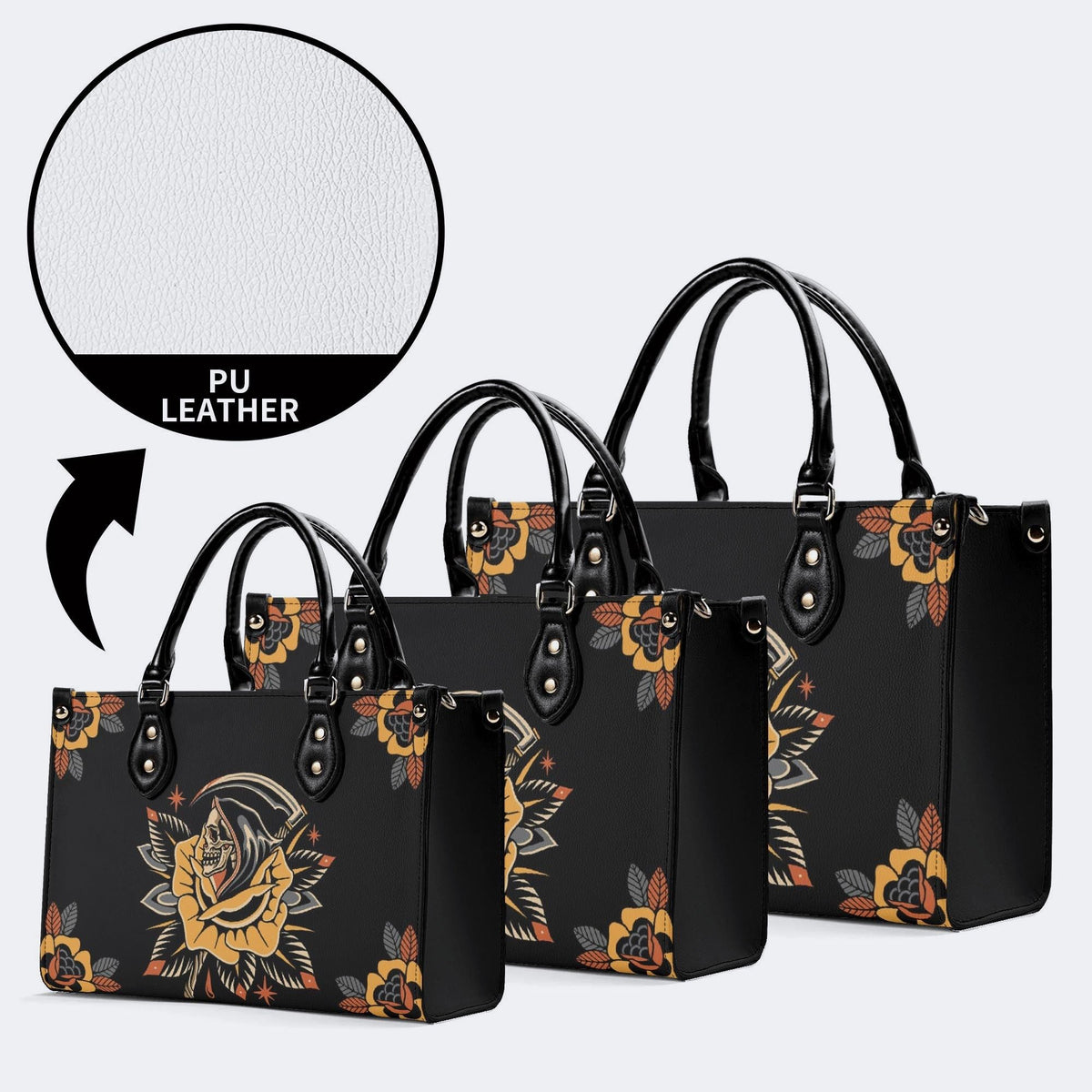 Grim Reaper Flowers Print - Leather Handbag