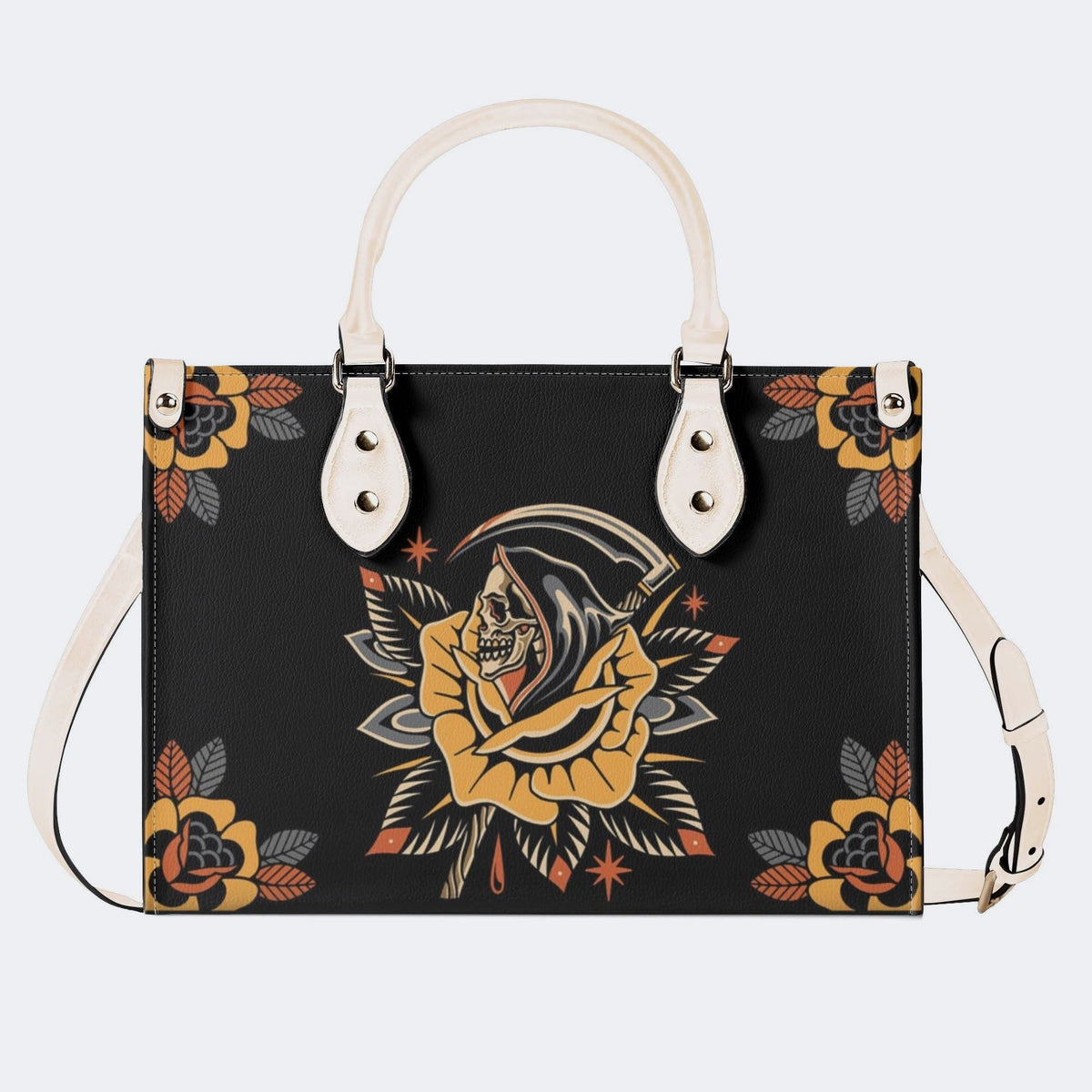 Grim Reaper Flowers Print - Leather Handbag