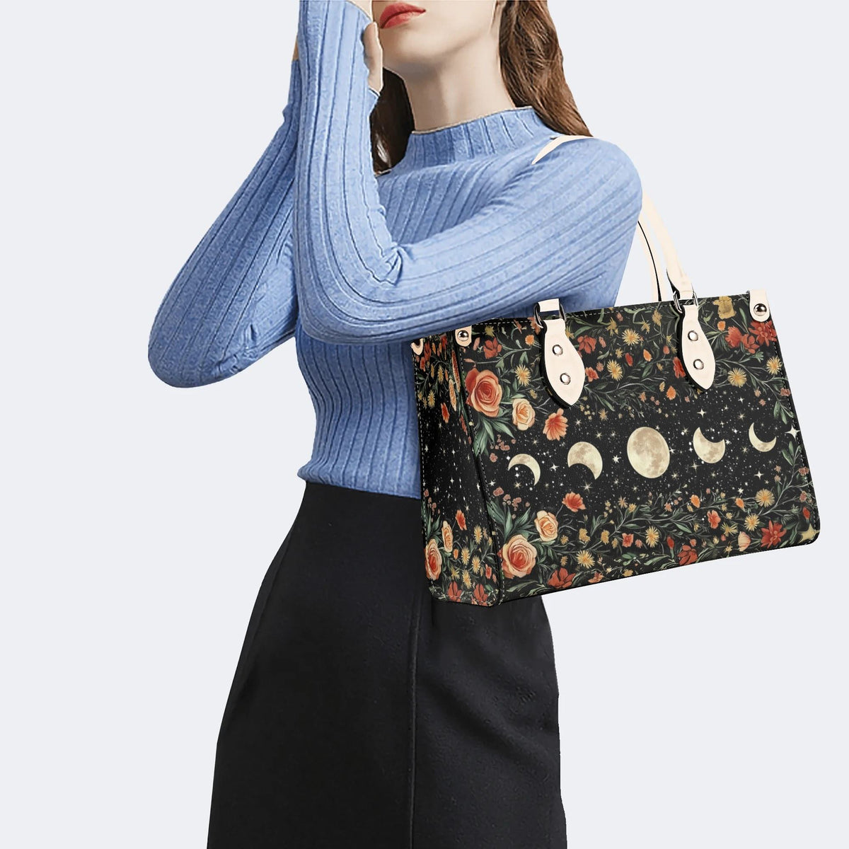 Starry Sky Over Flowers - Leather Handbag