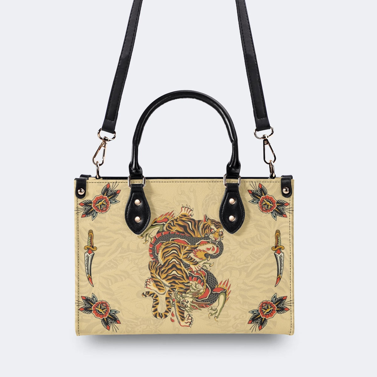 Traditional Tiger and Dragon Print - Leather Handbag