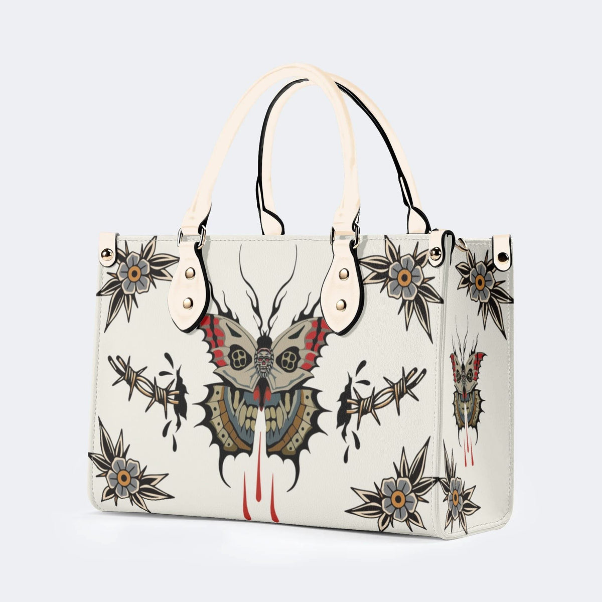 Death Moth And Flowers - Leather Handbag