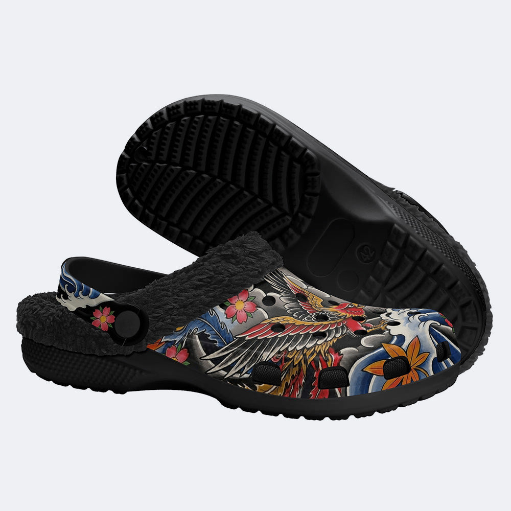 Irezumi Soaring Thunderbird & Guardian Lion-dog (komainu) Print Fleece-Lined Clogs