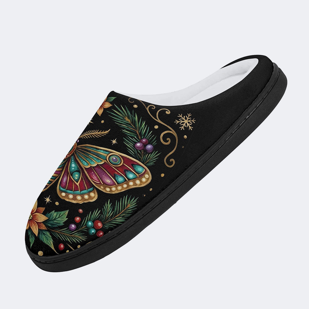 Jewel Moth Vintage Wreath Print Fleece-Lined Slippers