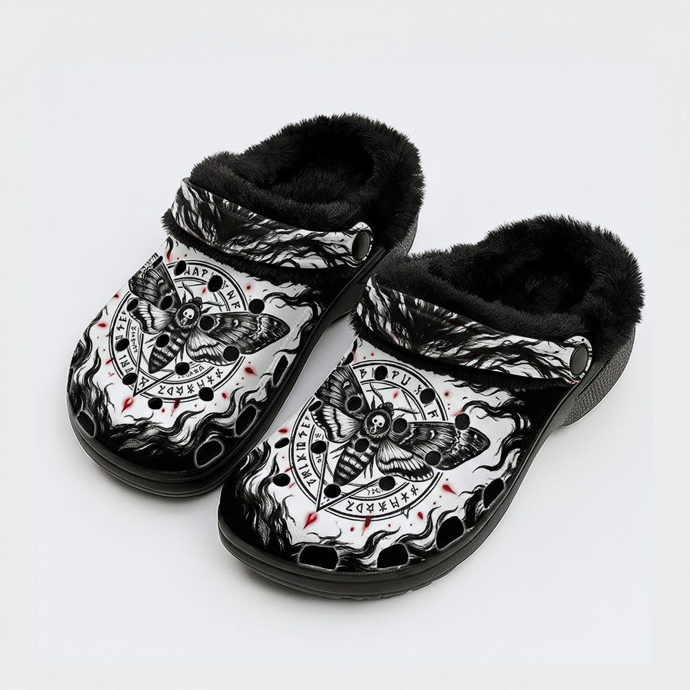 Mist Death Moth Print Fleece-Lined Clogs