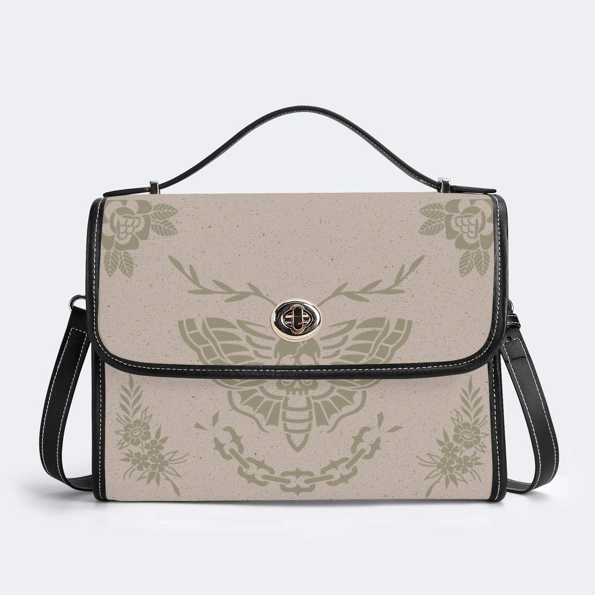 Classic Beige Death Moth Vintage Print - Leather Satchel Bag