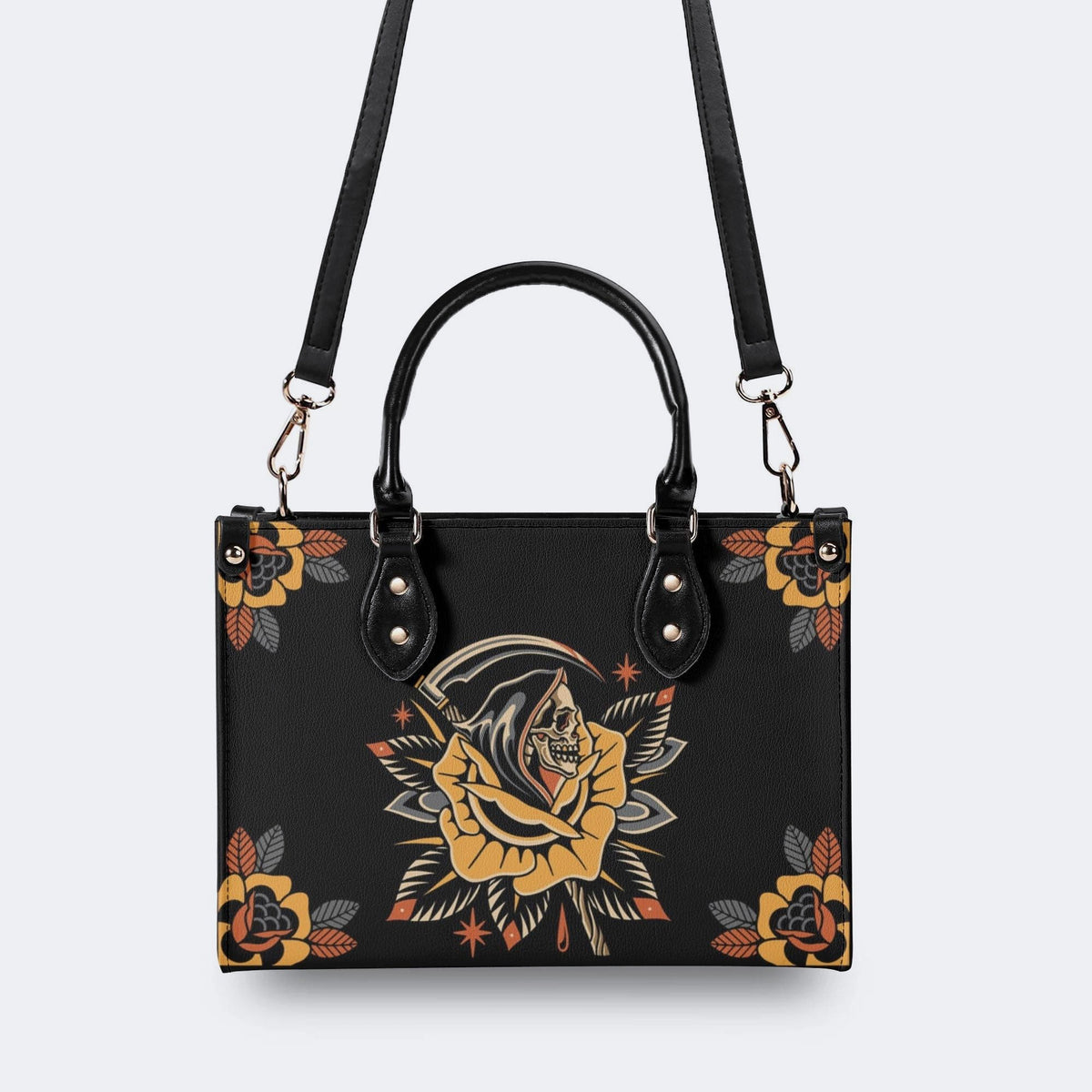Grim Reaper Flowers Print - Leather Handbag