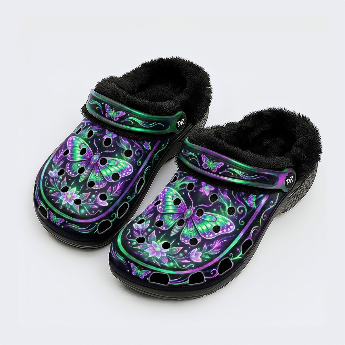 Dark Night Iridescent Moth Flowers Print Fleece-Lined Clogs