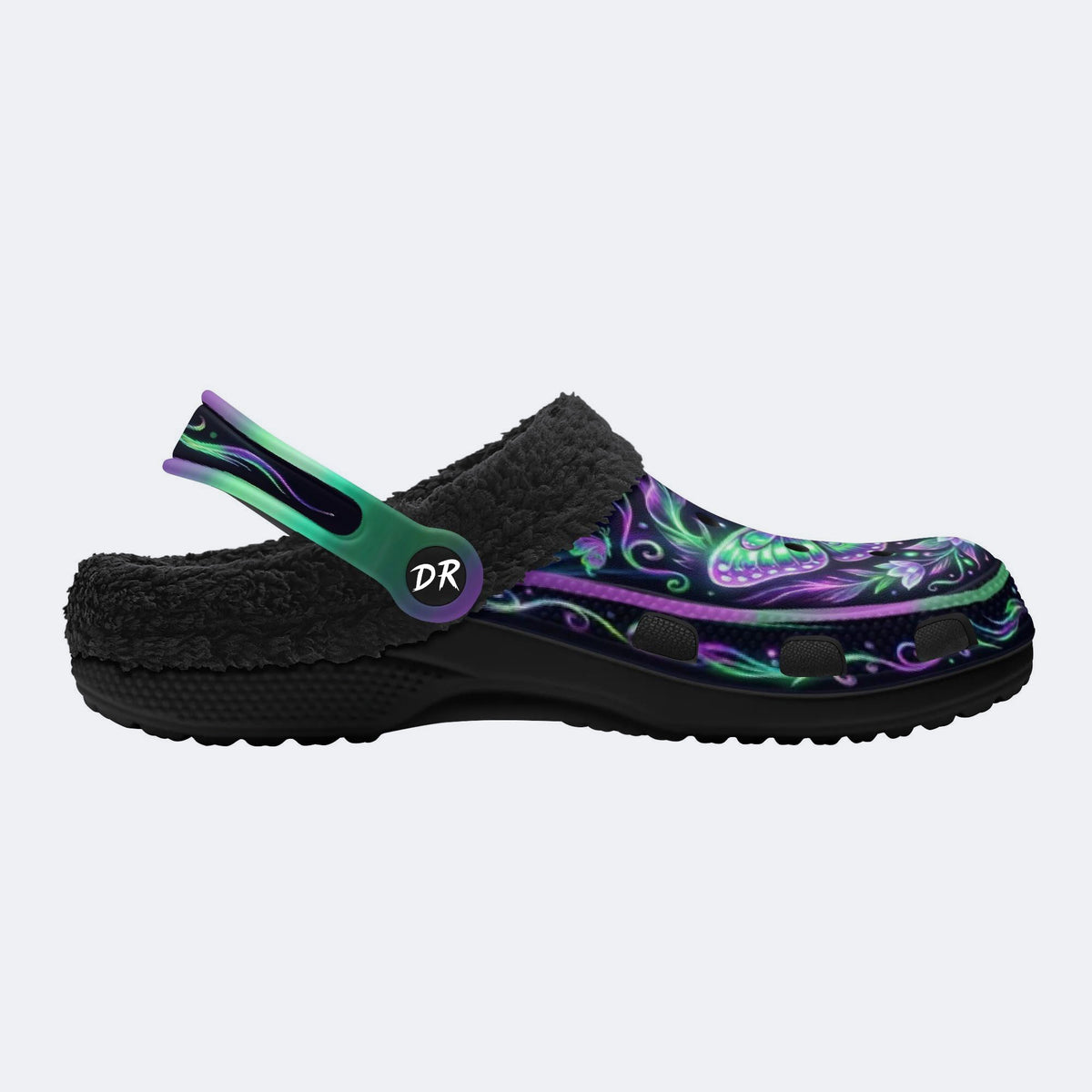 Dark Night Iridescent Moth Flowers Print Fleece-Lined Clogs