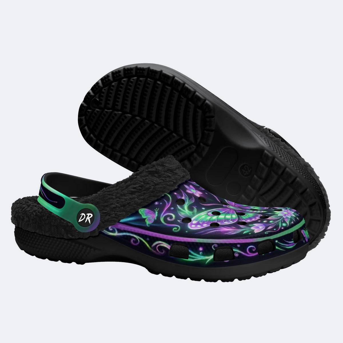 Dark Night Iridescent Moth Flowers Print Fleece-Lined Clogs
