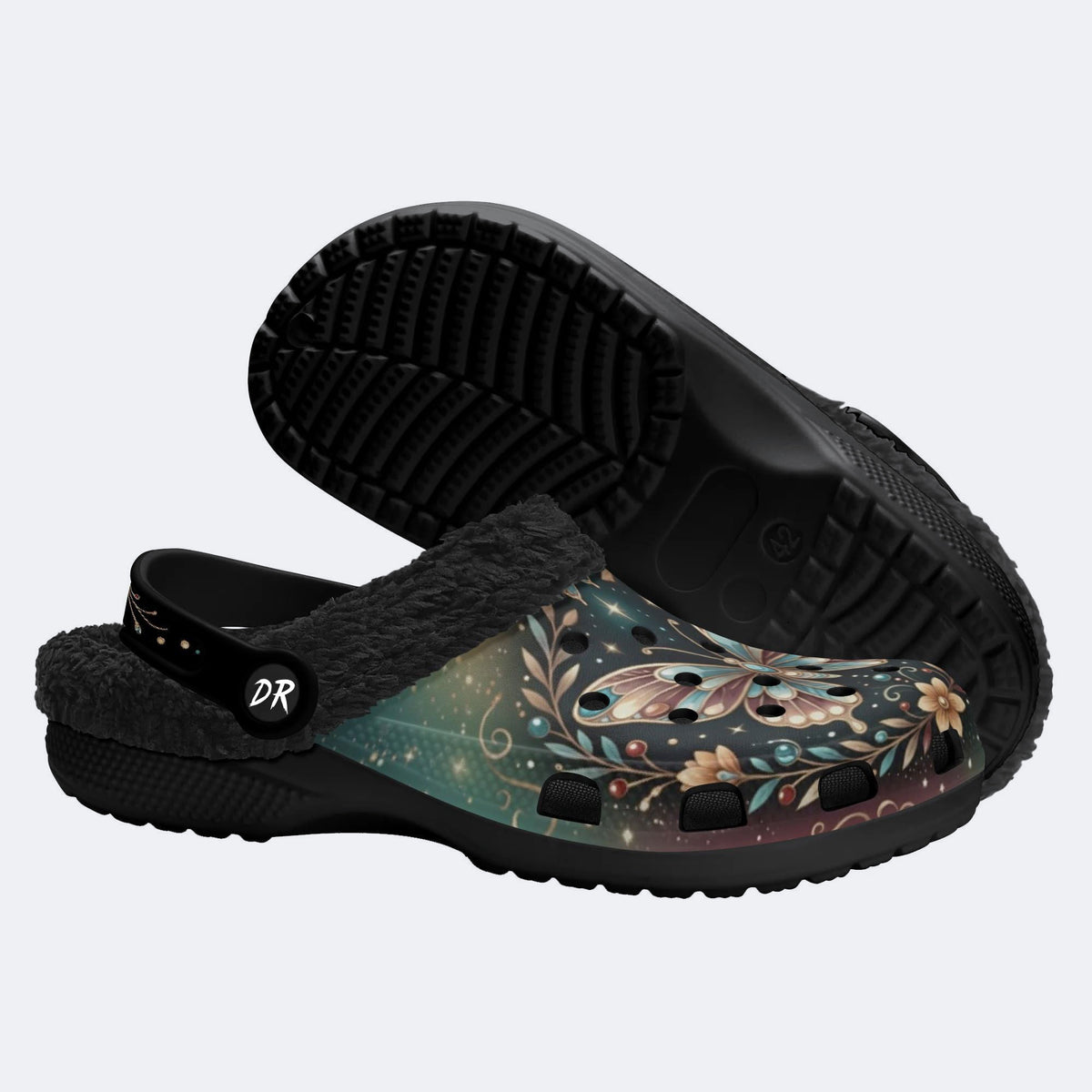 Fantasy Butterfly Flower Cluster Print Fleece-Lined Clogs