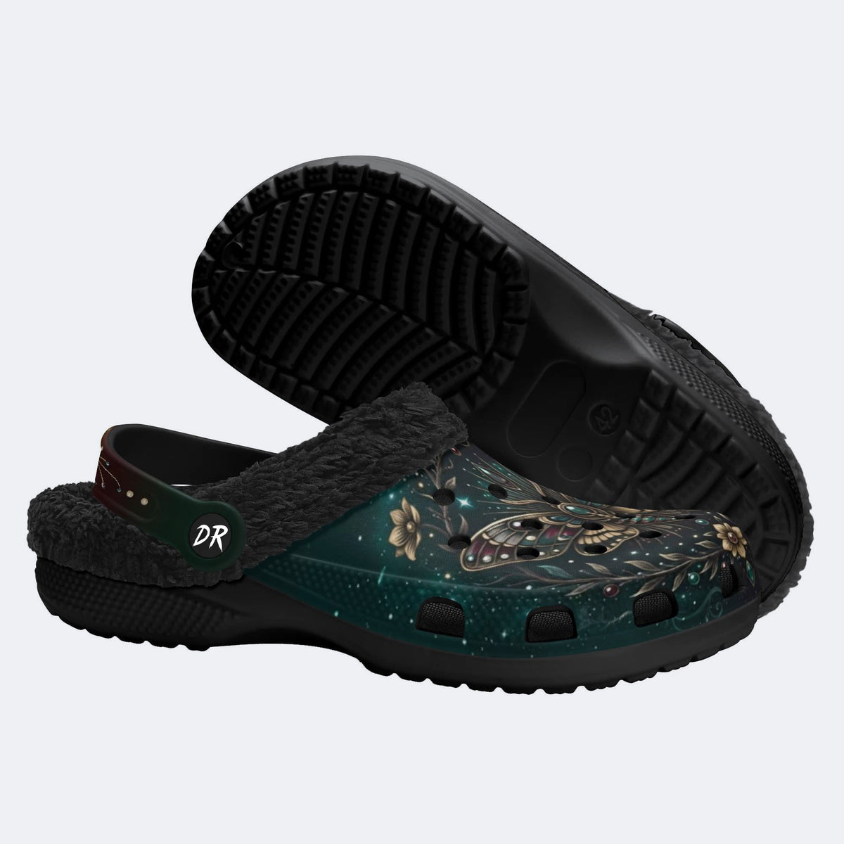Retro Skull Moth Flowers Print Fleece-Lined Clogs