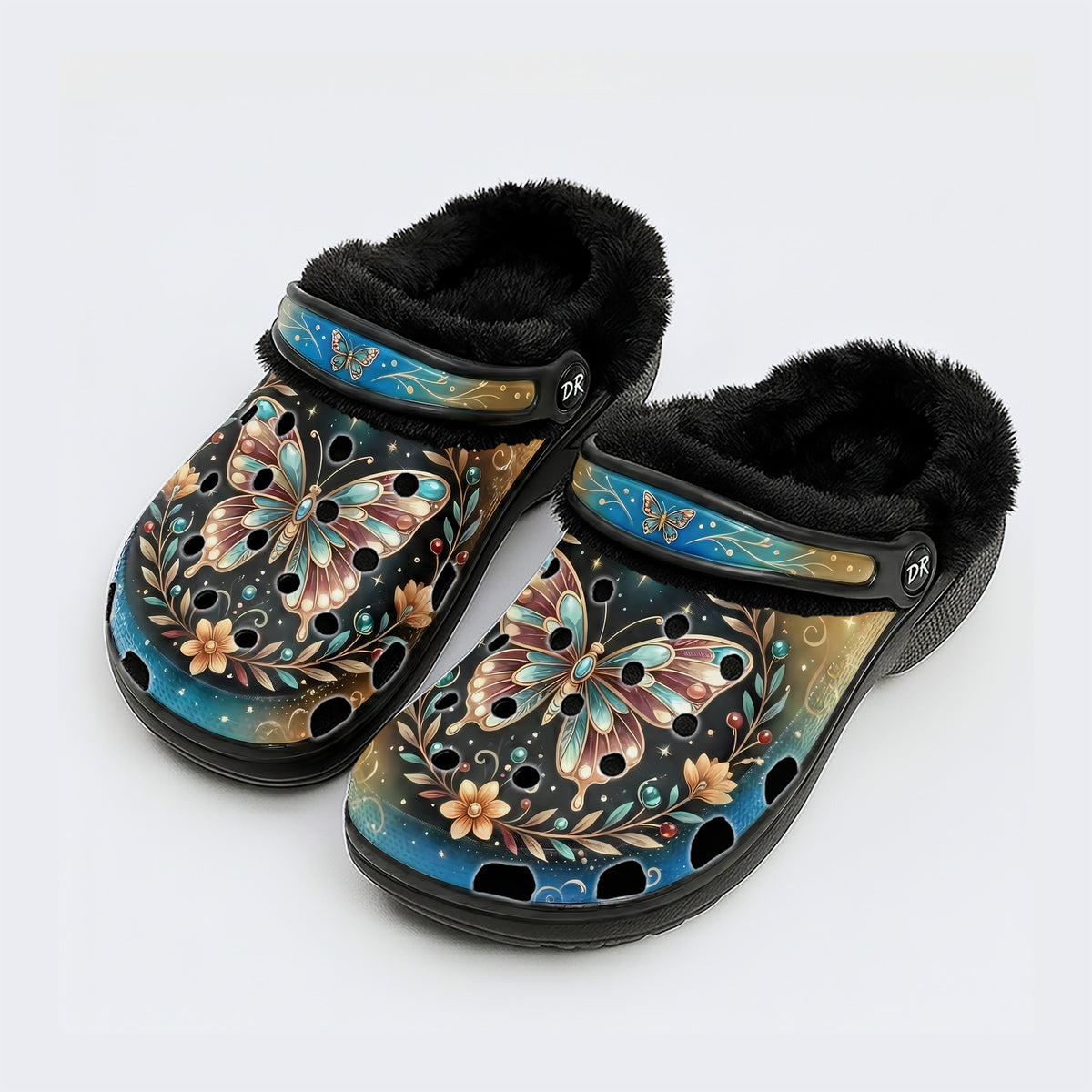 Jewel Butterfly Vintage Wreath Print Fleece-Lined Clogs
