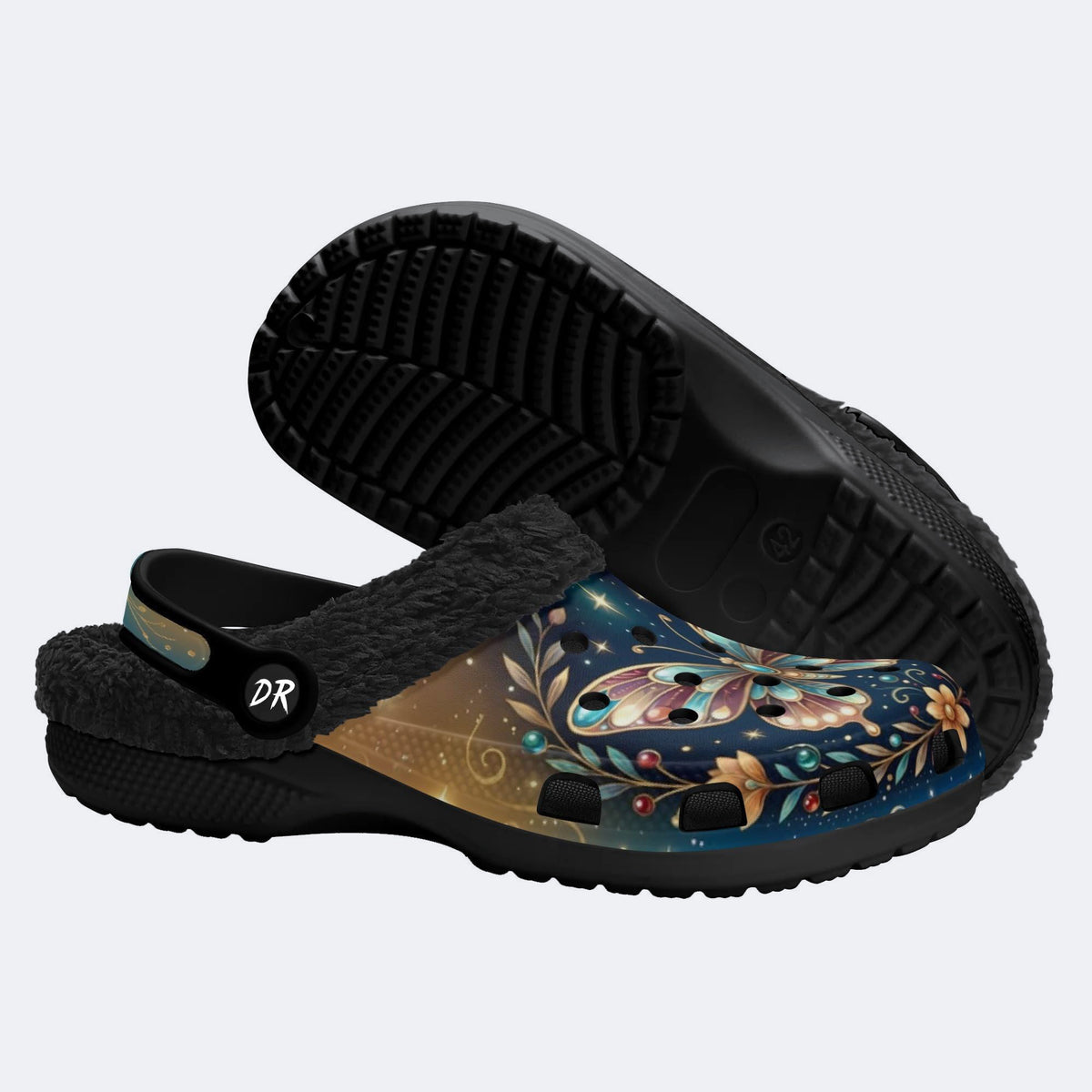 Jewel Butterfly Vintage Wreath Print Fleece-Lined Clogs