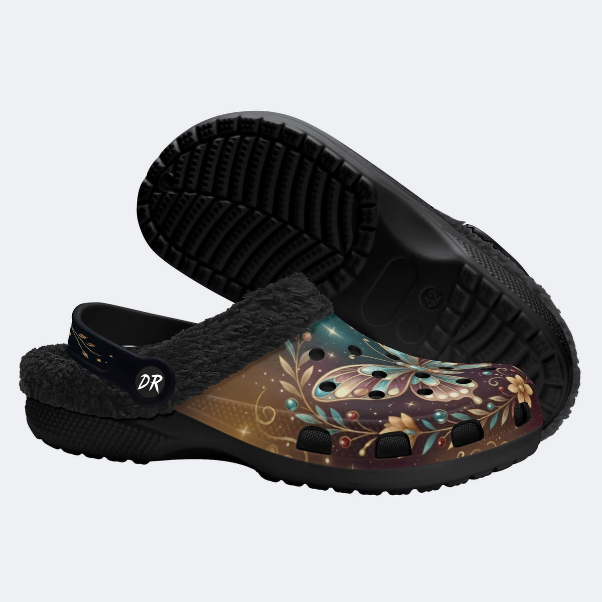 Jewel Butterfly Vintage Wreath Print Fleece-Lined Clogs
