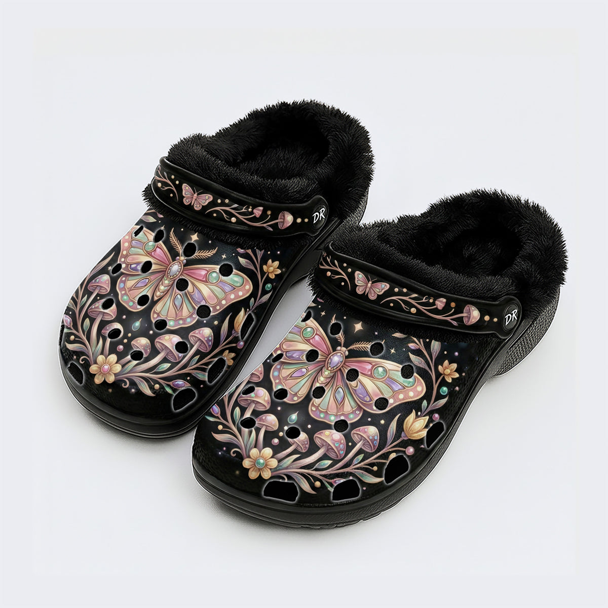 Jewel Moth Mushroom Wreath Print Fleece-Lined Clogs