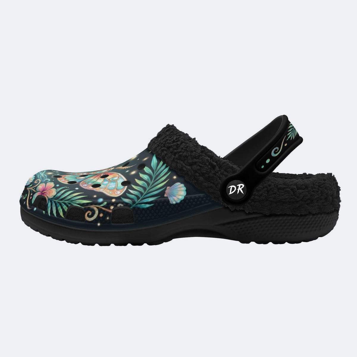 Underwater Fluorescent Moth Shell Wreath Print Fleece-Lined Clogs