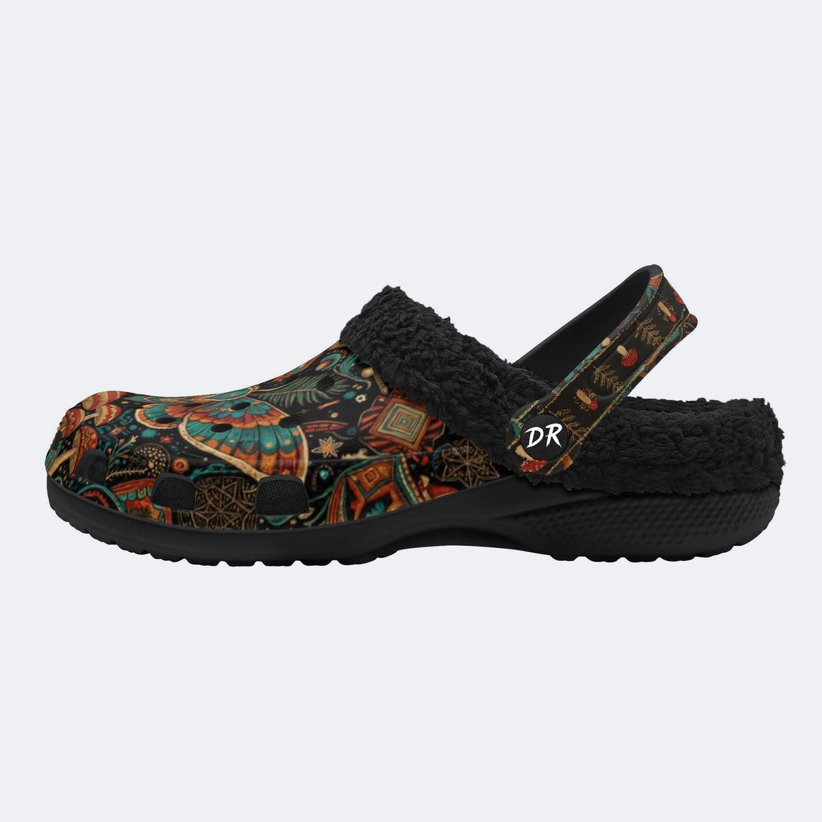 Retro Moth Mushroom Totem Print Fleece-Lined Clogs