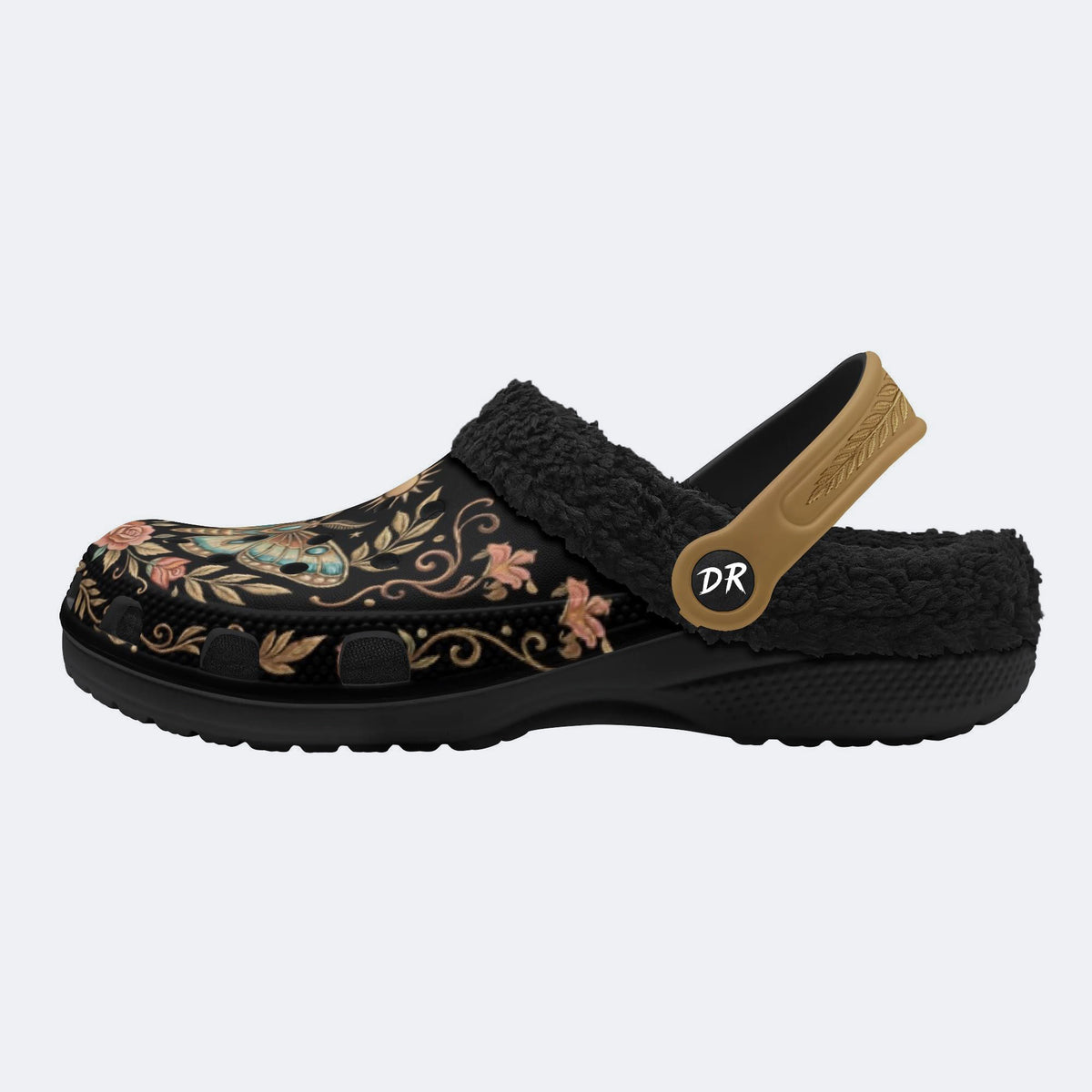 Vintage Moth Rose Print Fleece-Lined Clogs