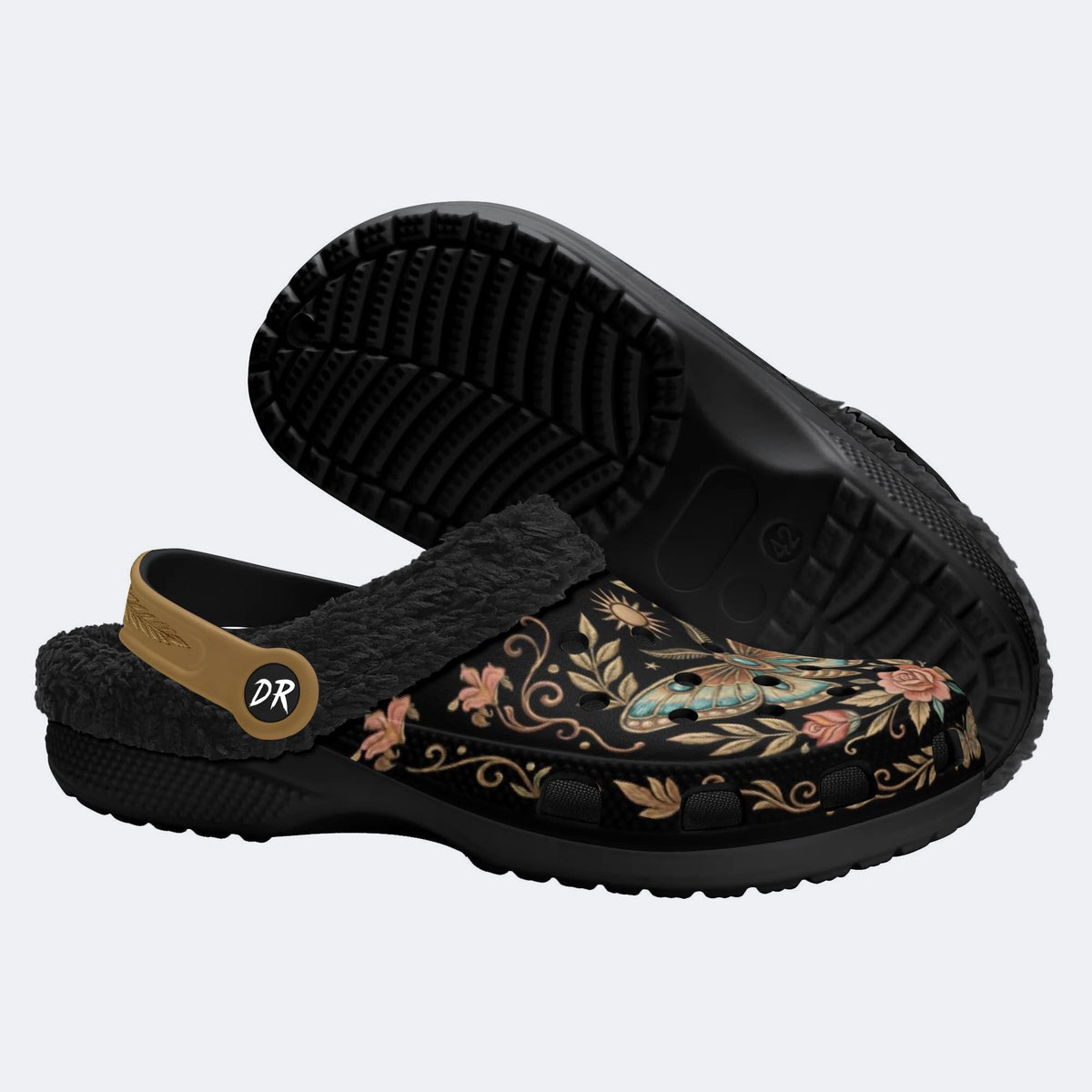 Vintage Moth Rose Print Fleece-Lined Clogs