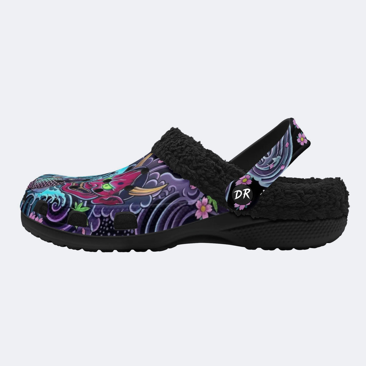 Irezumi Wave & Koi & Demon Face Print Fleece-Lined Clogs