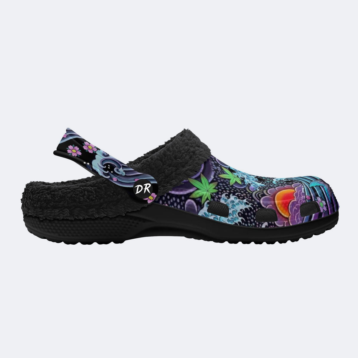 Irezumi Wave & Koi & Demon Face Print Fleece-Lined Clogs