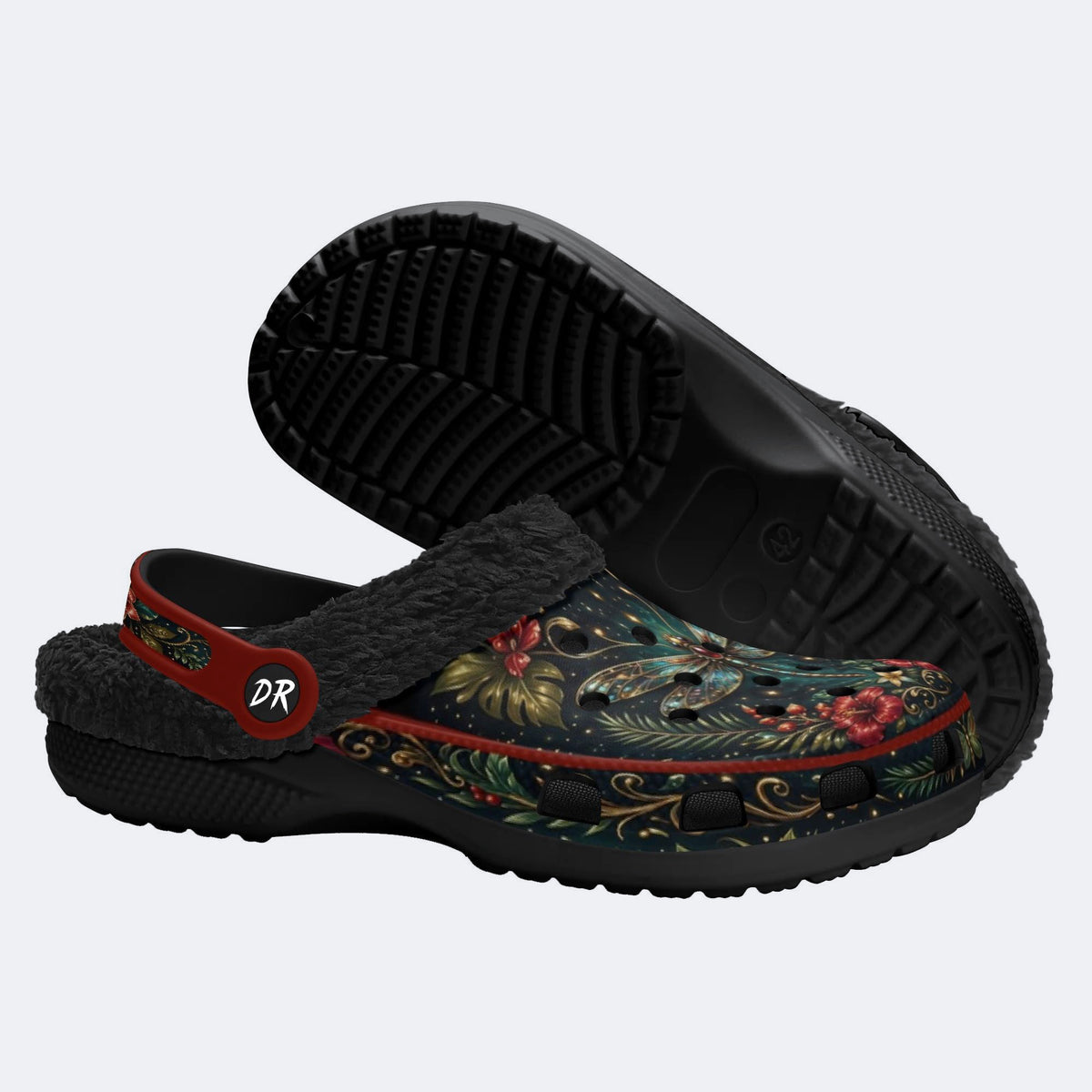 Jewel Dragonfly Wreath Print Fleece-Lined Clogs