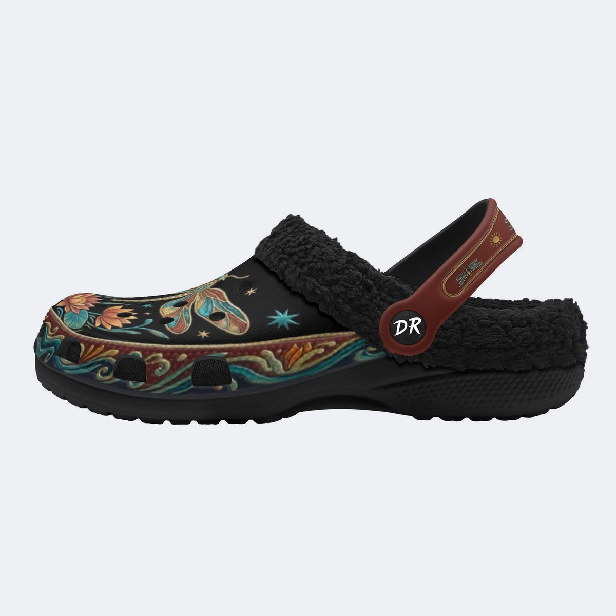 Vintage Dragonfly Flowers Print Fleece-Lined Clogs