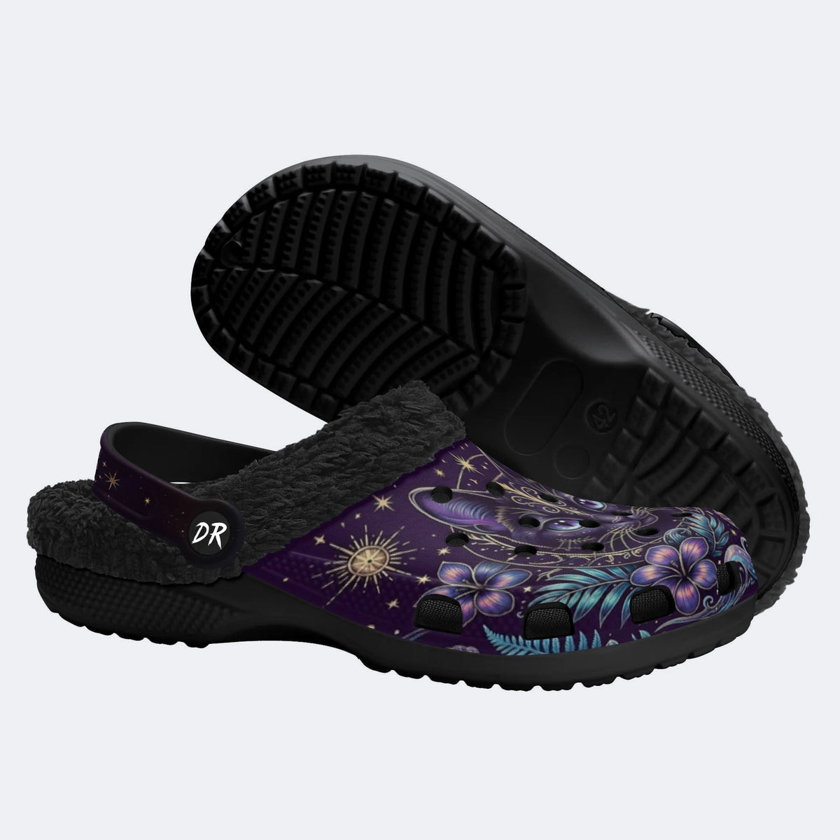 Mystic Black Cat Tropical Hibiscus Print Clogs