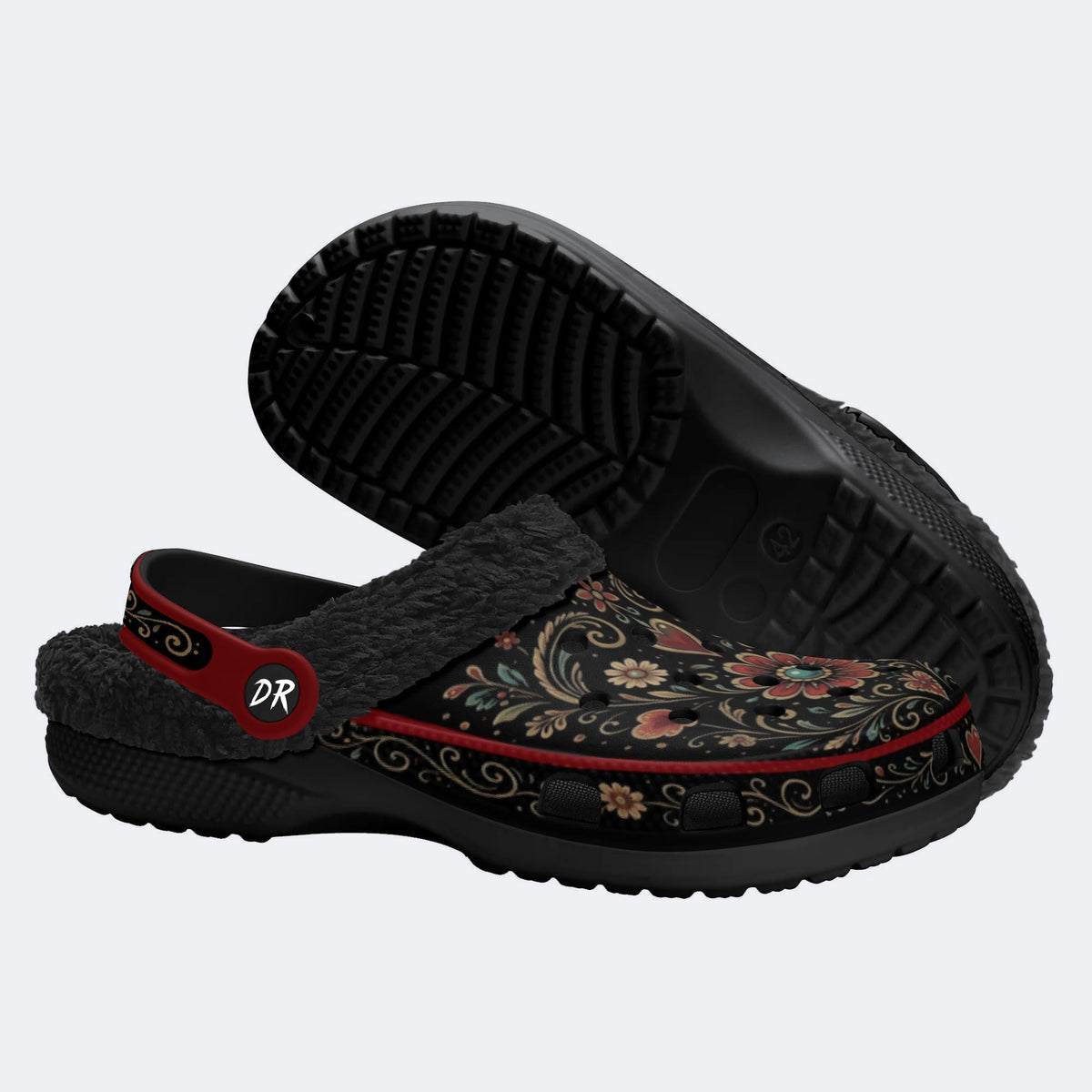 Ornate Floral Heart Print Fleece-Lined Clogs