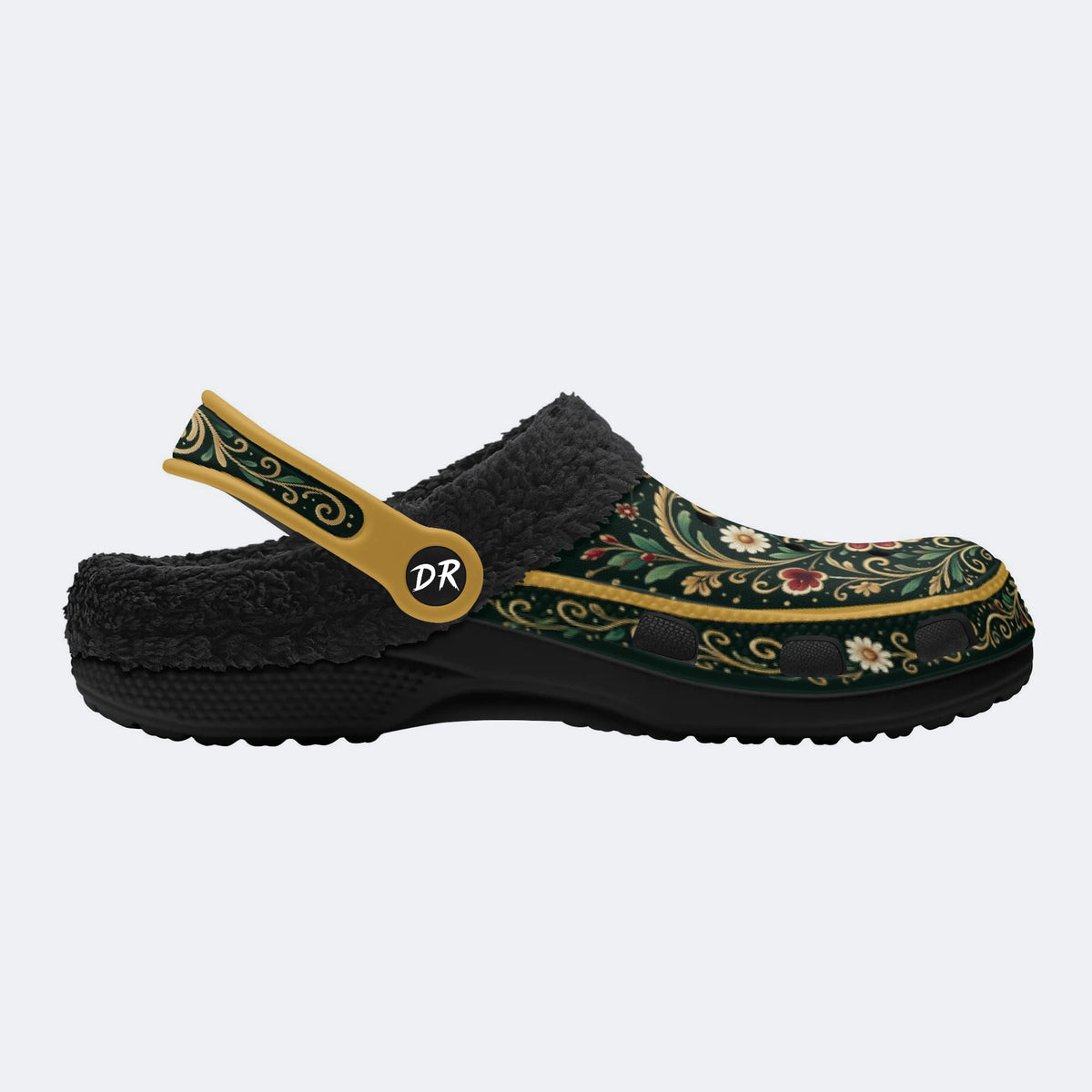 Ornate Floral Heart Print Fleece-Lined Clogs
