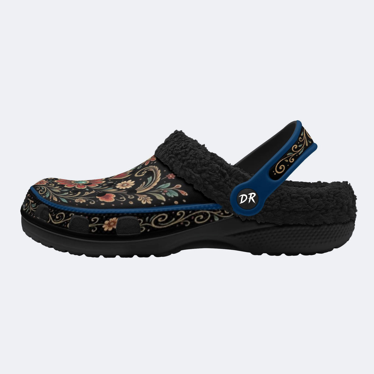 Ornate Floral Heart Print Fleece-Lined Clogs