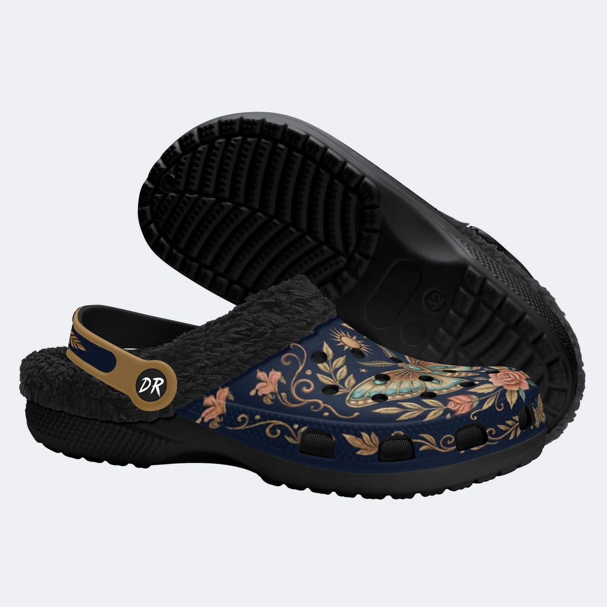 Vintage Moth Rose Print Fleece-Lined Clogs