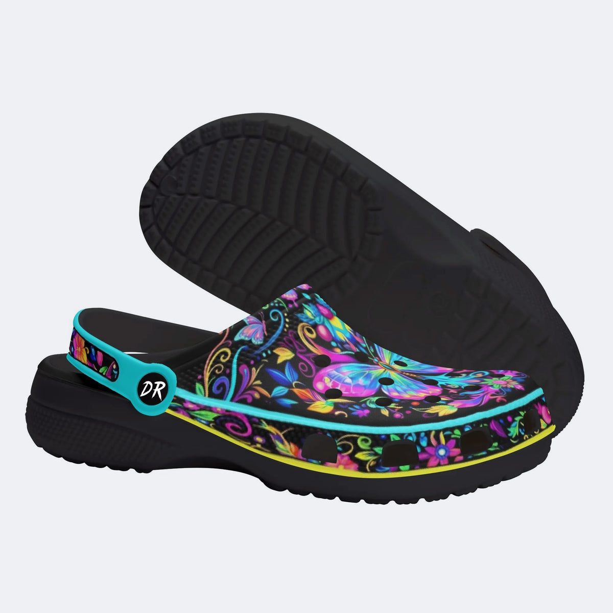 Hyper-Fluorescent psychedelic Butterfly Wreath Print Fleece-Lined Clogs