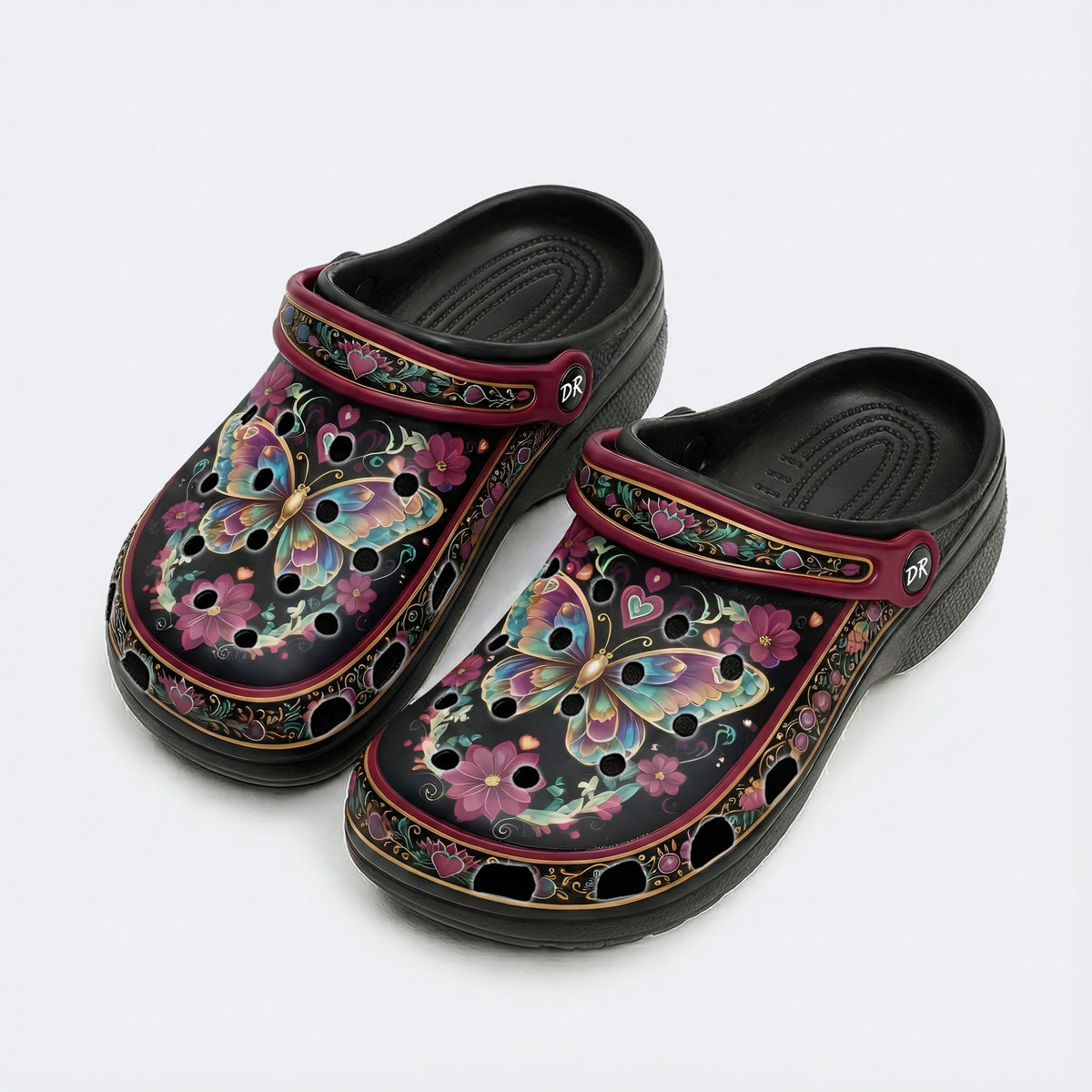 Romantic Psychedelic Butterfly Wreath Print Fleece-Lined Clogs