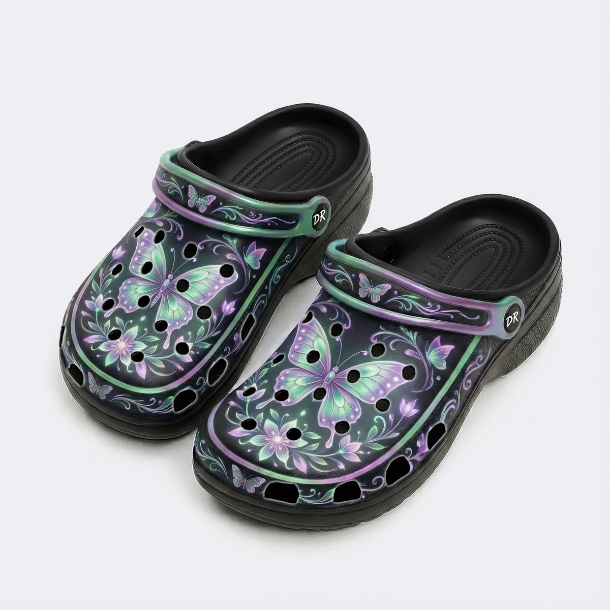 Night-lit Fluorescent Butterfly Vine Print Fleece-Lined Clogs