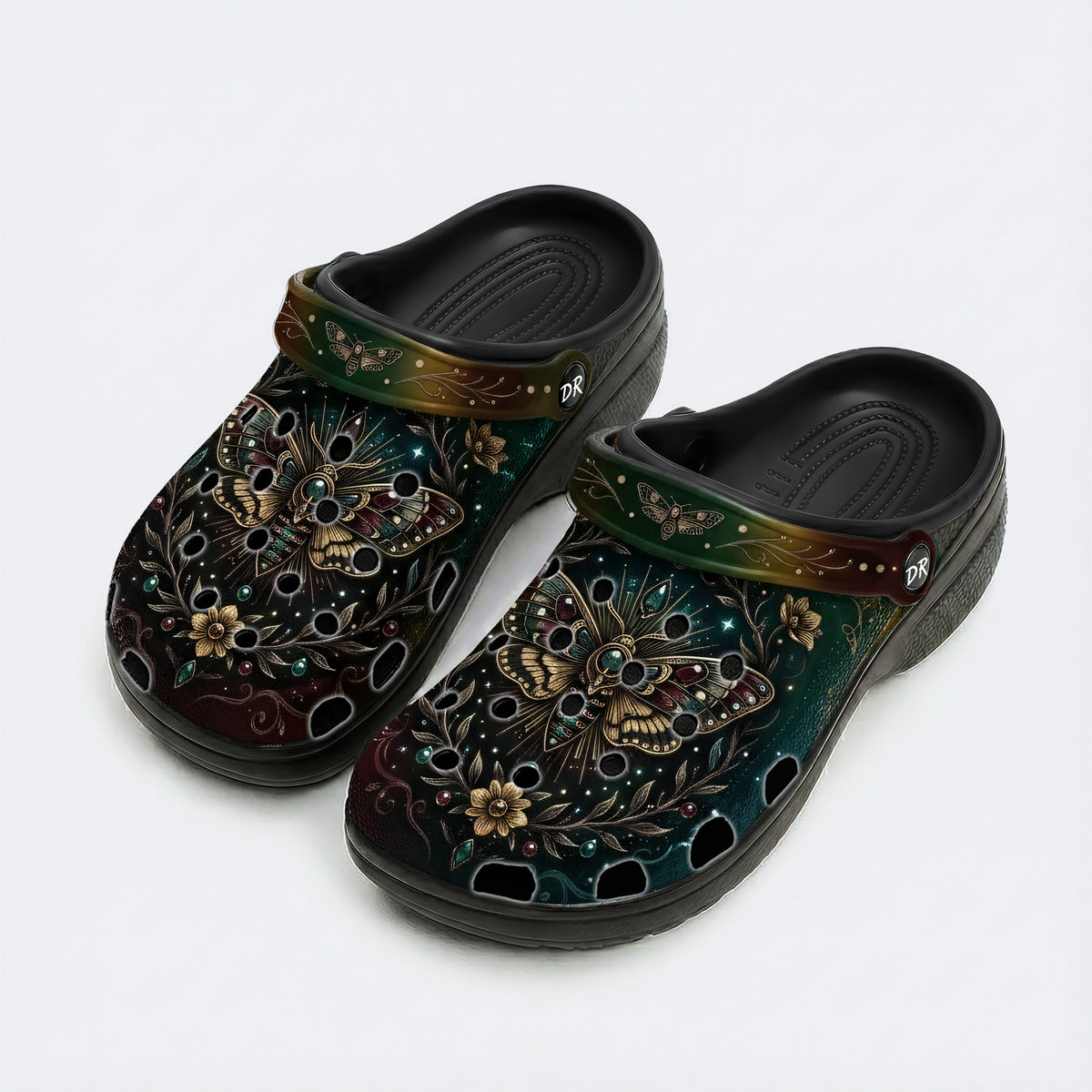 Retro Skull Moth Flowers Print Fleece-Lined Clogs
