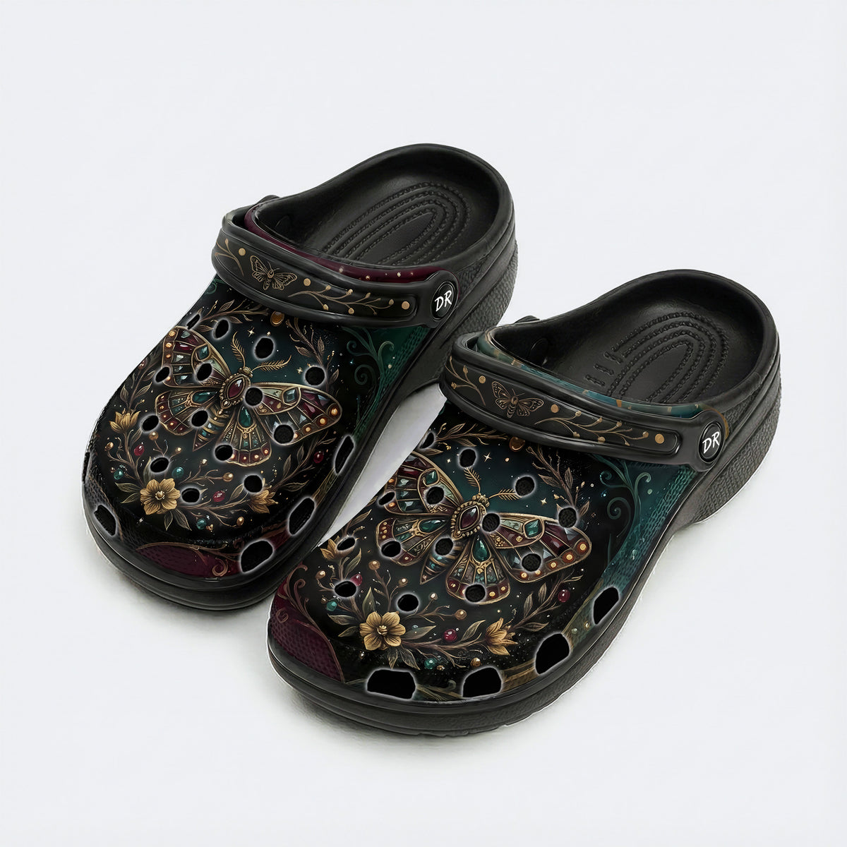 Jewel Moth Vintage Wreath Print Clogs