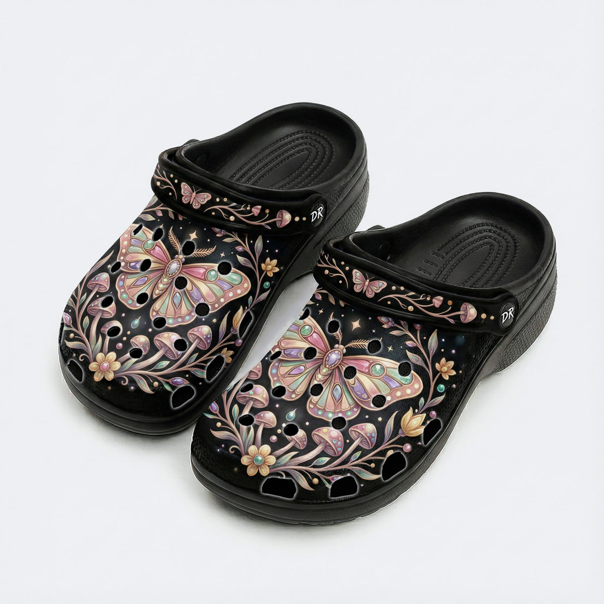 Jewel Moth Mushroom Wreath Print Fleece-Lined Clogs
