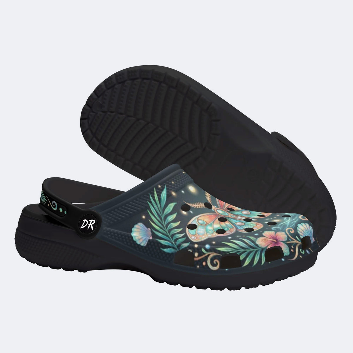 Underwater Fluorescent Moth Shell Wreath Print Fleece-Lined Clogs