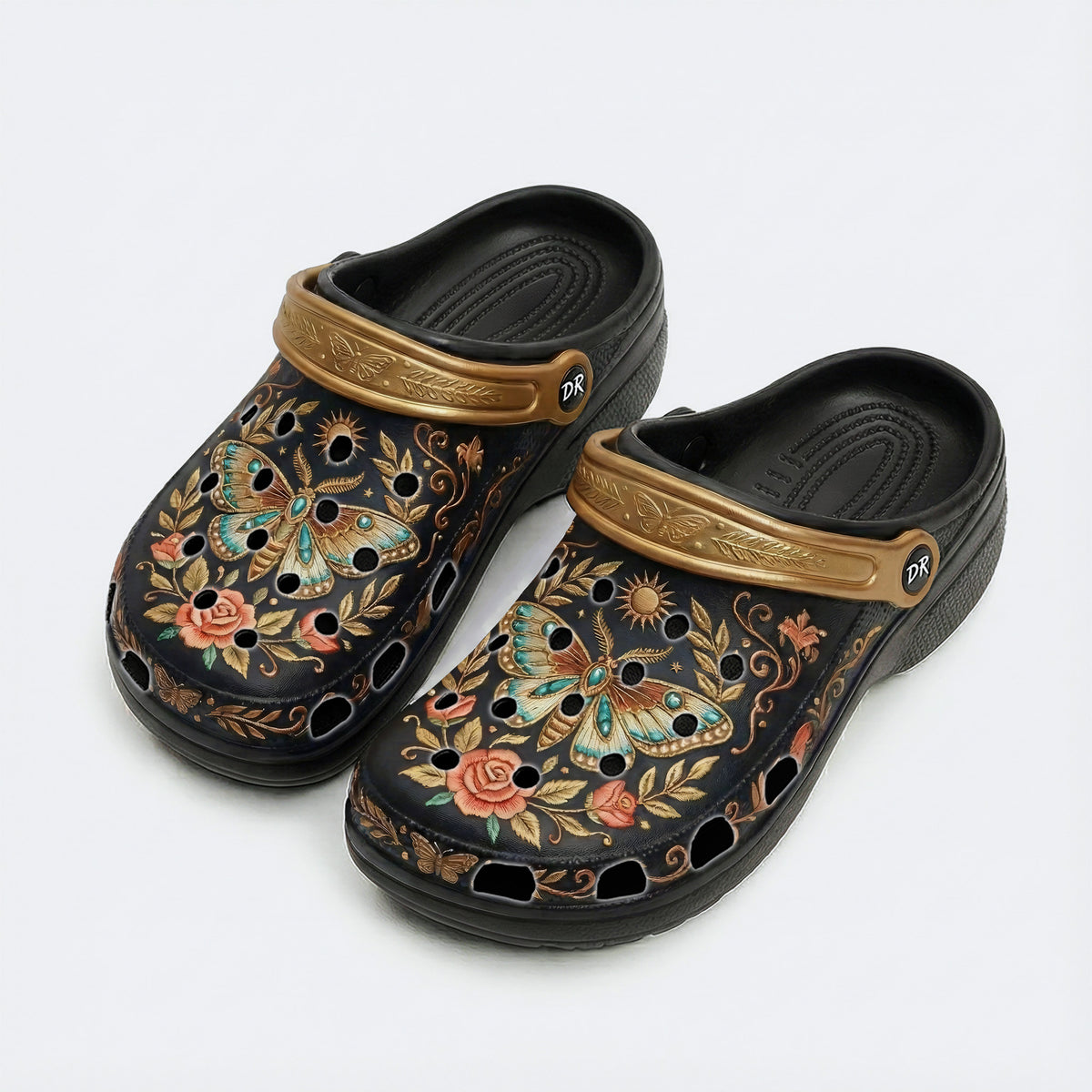 Vintage Moth Rose Print Fleece-Lined Clogs