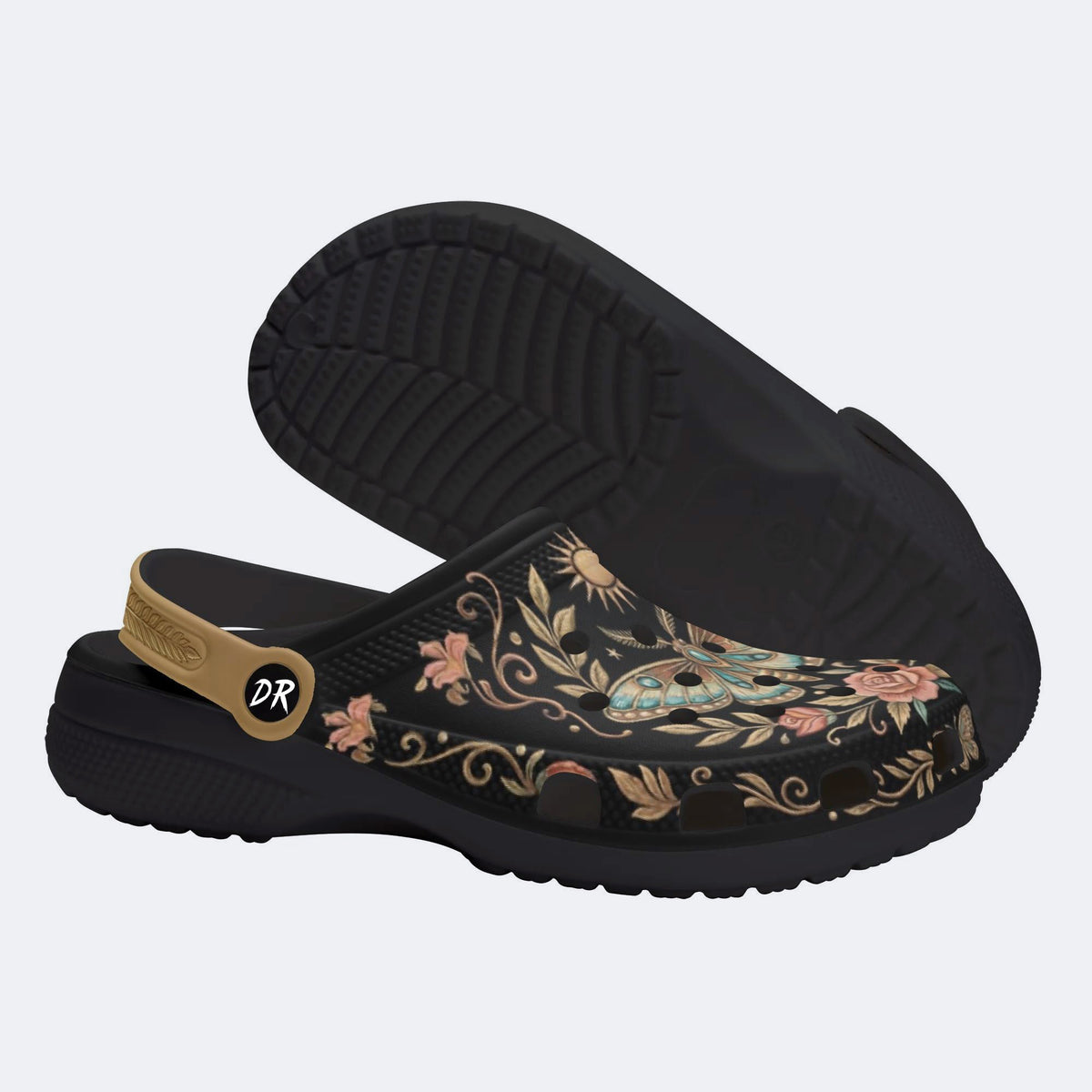 Vintage Moth Rose Print Fleece-Lined Clogs