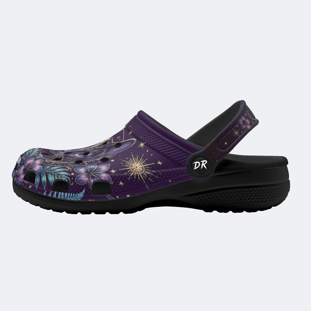 Mystic Black Cat Tropical Hibiscus Print Clogs