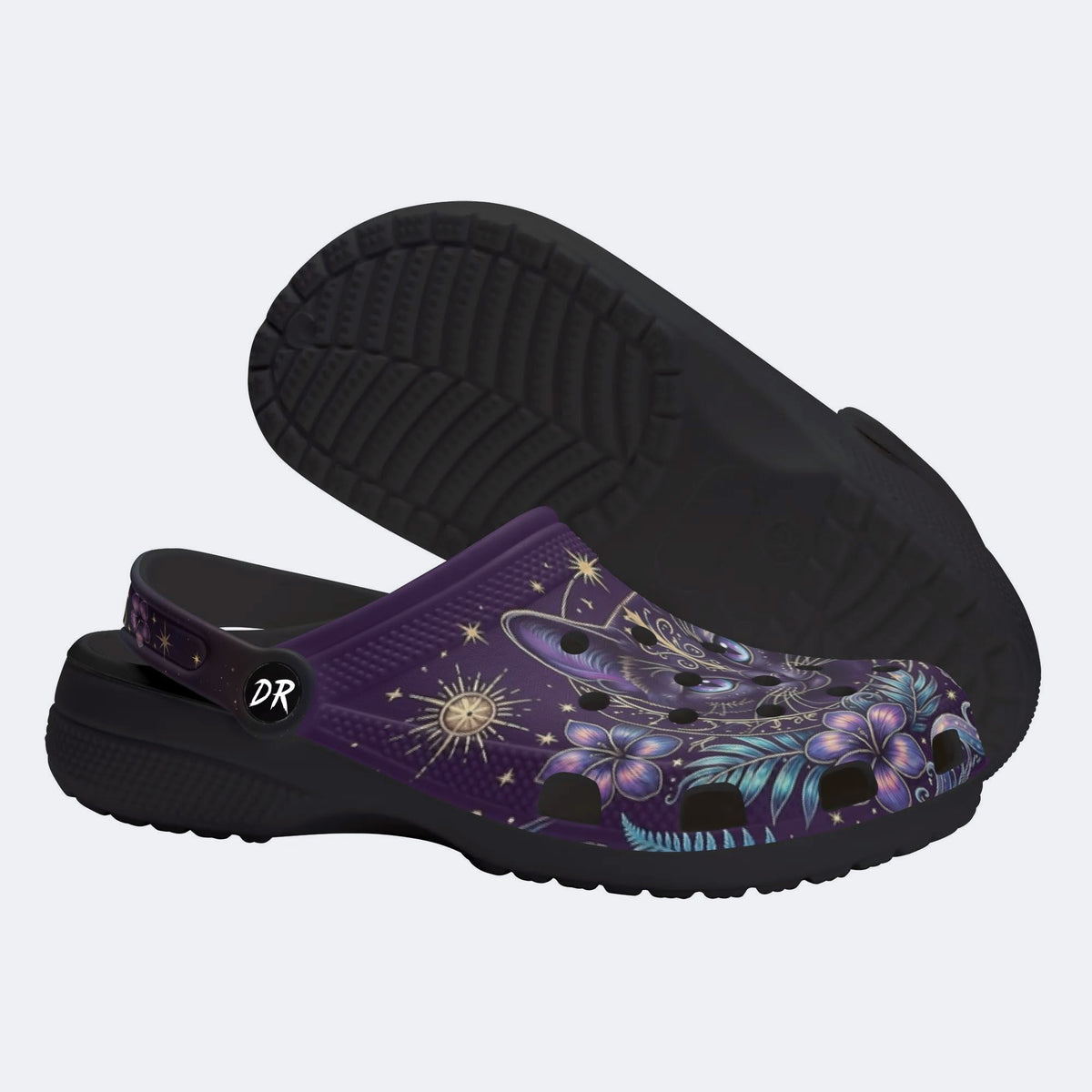 Mystic Black Cat Tropical Hibiscus Print Clogs