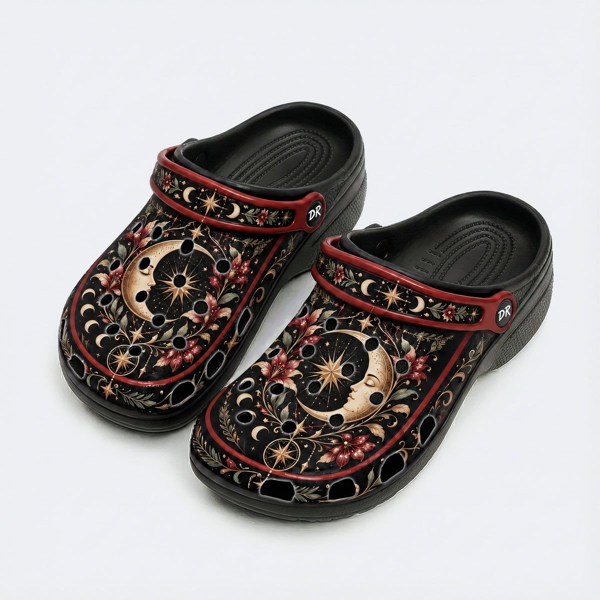 Celestial Crescent Moon Floral Print Fleece-Lined Clogs